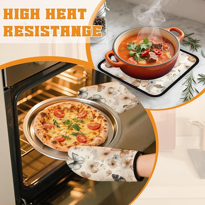 Butterfly Oven Mitts and Pot Holders,Boho Floral Flower Heat Resistant Oven Mitts Gloves and Pot Holder for Home Kitchen Decorations Cooking Baking BBQ Gifts,Set of 4