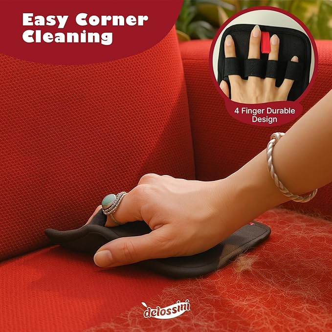 DELOSSINI Pet Hair Removal Glove, Reusable Electrostatic Pet Hair Remover Glove for Cat & Dog, Washable 4 Finger Upgraded Version Pet Hair Mitt for Couch, Furniture, Car Seat - 2 PCS