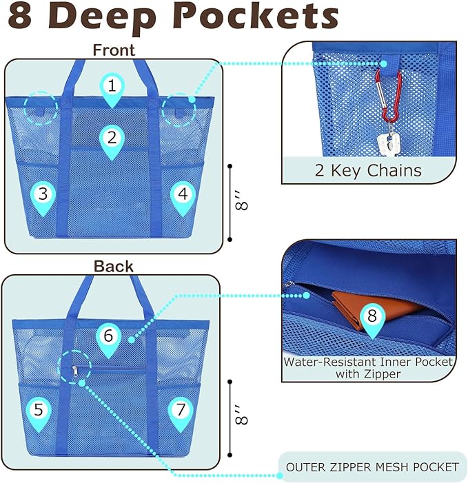 Fammart Mesh Beach Bag, Large Beach Tote Bags with Zipper, Toys Pool Bag for Family Travel Vacation Cruise Essentials