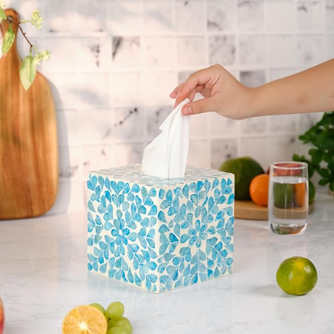 PEMAR Handcrafted Wooden Tissue Box Cover for Small Cube Tissue Boxes Only (Max Inner Size 4.7”) – Capiz Shell Inlay Decorative Tissue Holder for Bathroom, Living Room & Office (Teal Vines)