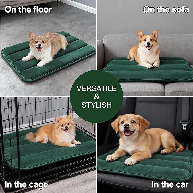 Fogkiss Dog Bed Mat, Reversible Dog Crate Pad with Washable Kennel Mat and Soft Foam, Flat Pet Bed for Dogs & Cats, for Crates Carriers & Travel (Green, 23" L*14" W*1.5" Th)