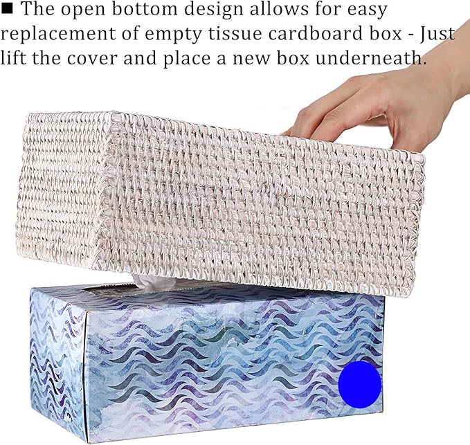 Sumnacon Tissue Box Cover Rectangle Tissue Box Rattan Tissue Box Holder,Wicker Decorative Tissue Holder for Bathroom Toilet Living Room Kitchen Office Table Desk, Whitewash
