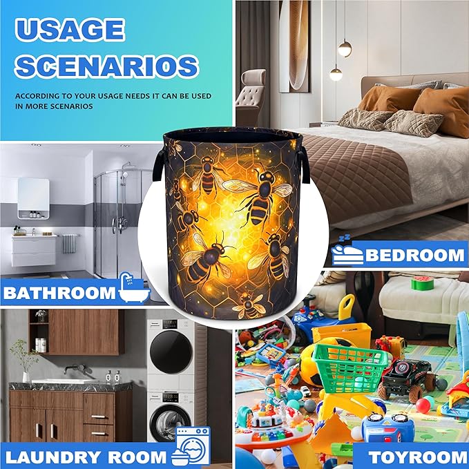 Queen Bee Laundry Basket Oxford Cloth Bee Honeycomb Laundry Hamper With Handle Foldable Portable Clothes Storage Basket 18.9 X 16.5 In Storage Bag For Laundry Room/Bathroom/Bedroom/Dormitories