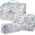 Gosect Quilted Makeup Bag Set, Large Floral Cosmetic Bag for Women, Cute Cotton Makeup Bag, Flower Travel Toiletry Organizer Bag. (Navy Blue)