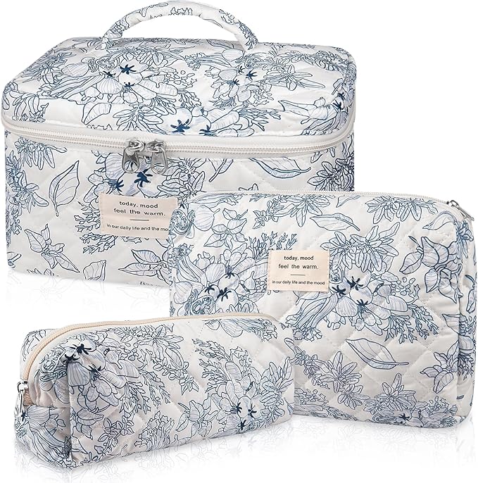 Gosect Quilted Makeup Bag Set, Large Floral Cosmetic Bag for Women, Cute Cotton Makeup Bag, Flower Travel Toiletry Organizer Bag. (Navy Blue)