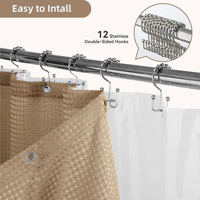 Lameirose Shower Curtain and Liner Set, 3 in 1 Waffle Shower Curtain Set with 12 Double Sided Shower Curtain Hooks, Fabric Shower Curtains for Bathroom, Beige, 72 x 72