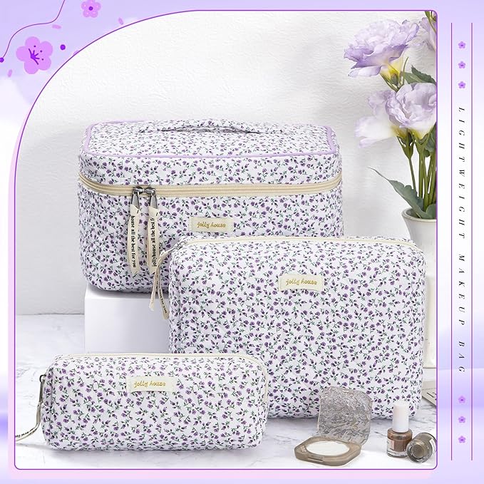 Zeyune 3 Pcs Makeup Bag Quilted Cosmetic Bags Large Floral Makeup Bag Set for Women Cotton Flower Travel Toiletry Storage Cute with Zipper for Women Mom Birthday Gift Home Bathroom(Flower)