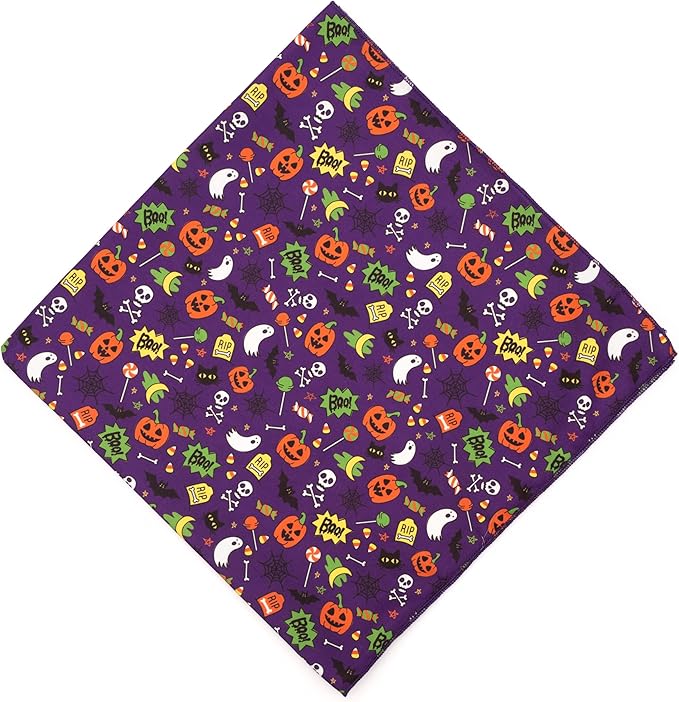 THE WORTHY DOG Classic Tie-On Dog Bandana – Soft Cotton Flannel Square Pet Bandana, Fright Night Pattern, Purple, Small