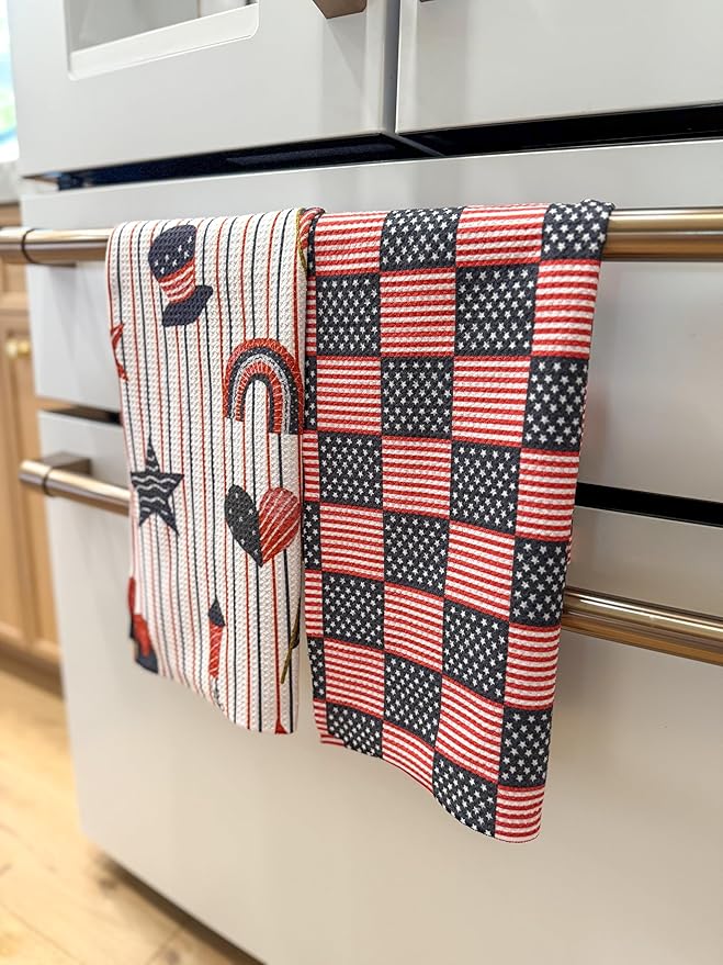 Desert Aqua 2 Pack|| Double Sided || Not Your Ordinary Kitchen Towels || Dish Towels || Quick Dry || Waffle Weave Microfiber || Designer Prints || Highly Absorbent || Hanging Hook (4th of July Navy)