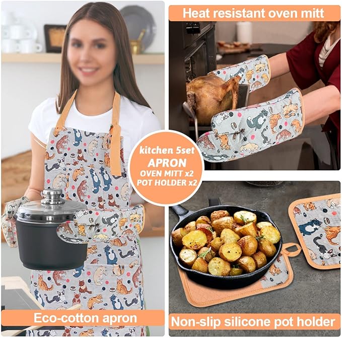 Oven Mitts and Pot Holders with Chef Apron,Set of 5 Heat Resistant Kitchen Gloves and Silicone Non-Slip Potholders Adjustable Neck Buckle Chef Apron, Cotton Nice Design for Cooking (Cat)