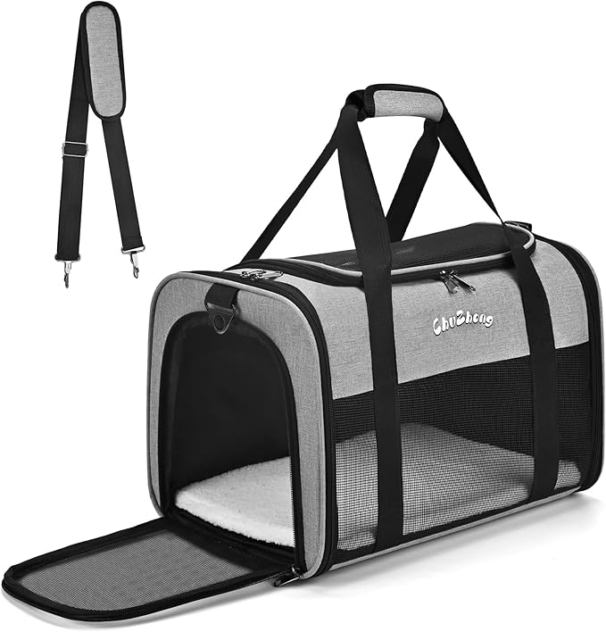 Chuzhong Airline Approved Pet Carrier for Cats & Small Dogs (Up to 18 Lbs) - Soft Sided Travel Carrier with Washable Pad (Grey)