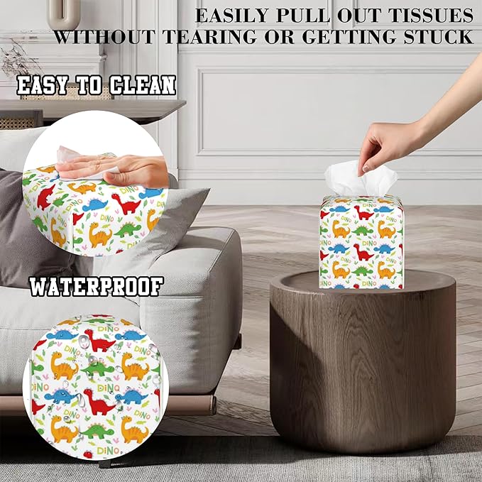 OHEGBXE Tissue Box Holder Cute Dinosaur Square Leather Tissue Box Cover Modern Cube Facial Paper Cover Case for Bathroom Vanity Countertop Night Stands Tabletop