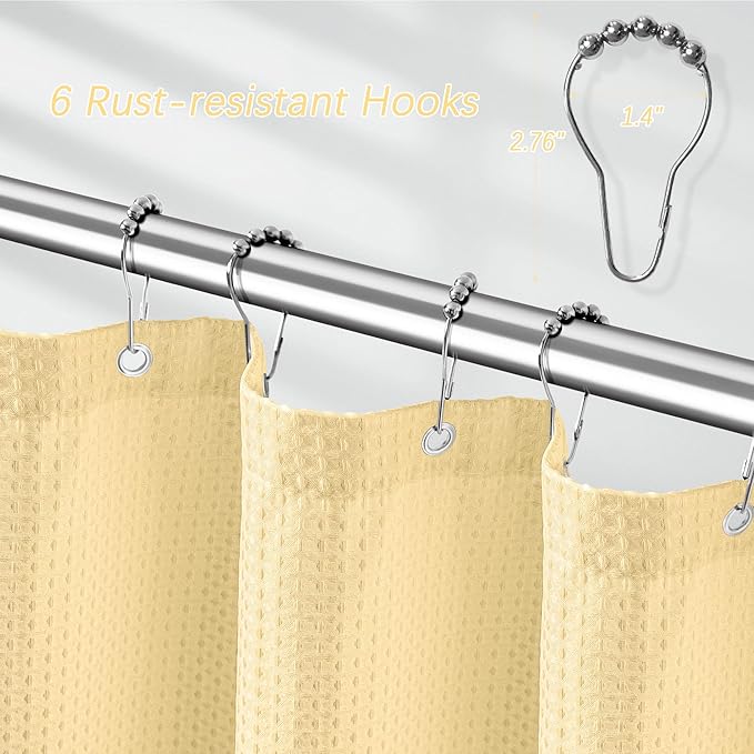 PANGSINNE Beige Stall Fabric Shower Curtain - Water Repellent Waffle Textured 256GSM Heavy Duty Cream Shower Curtains for Bath Tubs, Narrow Hotel Quality Ivory Bath Curtain Set with 6 Hooks, 36Wx72H