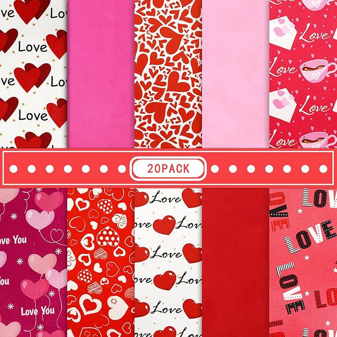 Whaline 20Pcs Valentine's Day Cotton Fabric Bundles Rose Red Pink Heart Love Printed Fat Quarters Quilting Patchwork 9.8 x 9.8Inch Squares Sewing Fabrics for DIY Handmade Crafting Home Party Decor