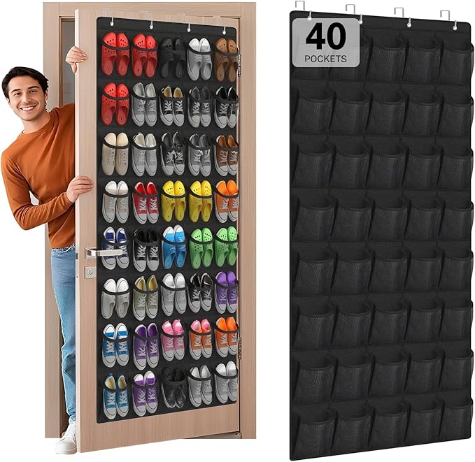 Hualleko Over the Door Shoe Organizer,40-Pocket Hanging Shoe Rack for Closet Door,Shoes Storage Holder Hanger with Large Mesh Pocket for Women Men Shoes,Flip Flops(Black)