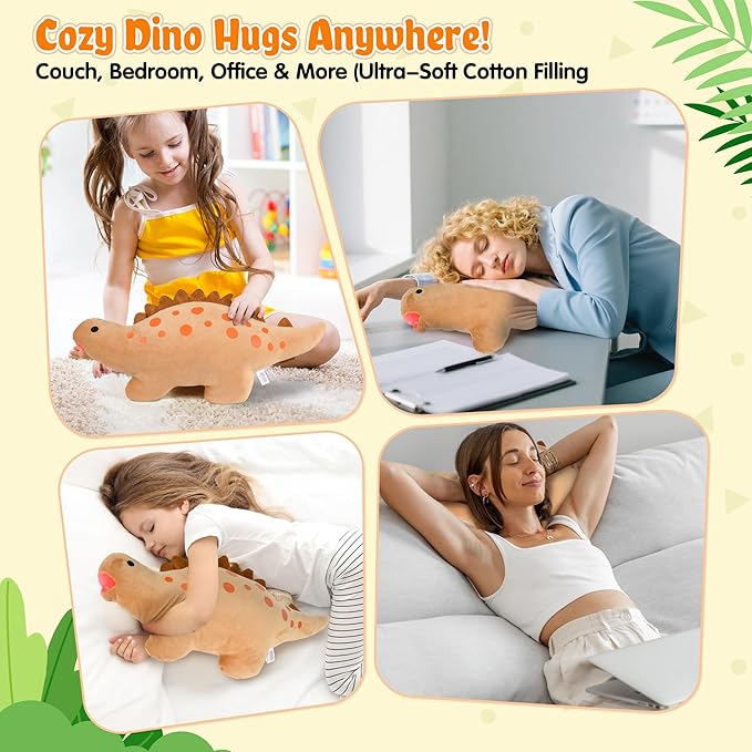 BB FUN HOUSE Dinosaur Pillow Plush, Stuffed Animal Birthday Gift Dino Decorative Throw Pillow for Kids Teens Adult Room Decor Soft Plushie Toy, Coffee