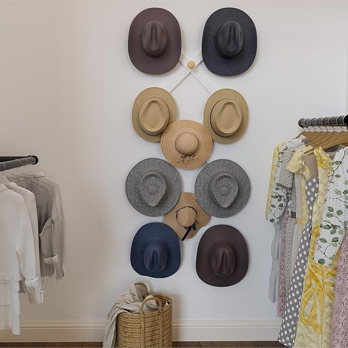 SKOLOO Large Hat Rack for Wall, Wooden Accordion Wall Hanger, Modern, Expandable Coat Hooks, Hat Display Rack for Home, Office, and Studio, 11 Peg, Natural & White
