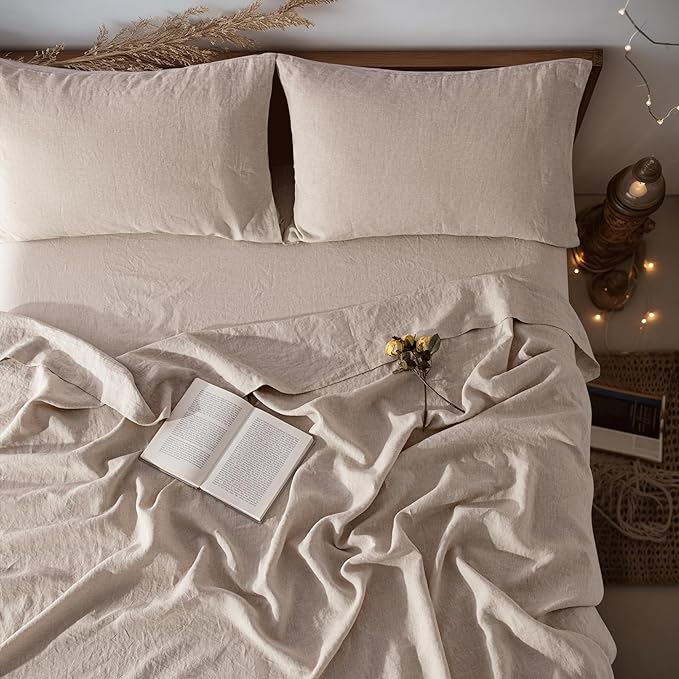 LBRO2M 100% Linen Sheet Set 24" Deep Pocket Queen Size,Bed Sheets 4 Piece Sets,Solid Color Natural Flax Bed Sheets Soft Breathable Bedding, All Season (Queen, Linen)