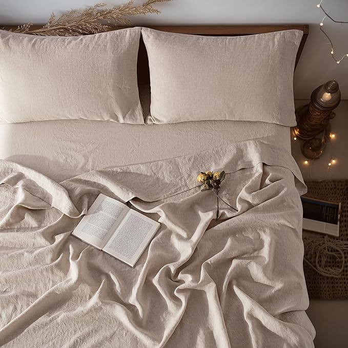 LBRO2M 100% Linen Sheet Set Queen Size, Bed Sheets 4 Piece Sets, Solid Color Natural Flax Bed Sheets Soft Breathable Bedding,16" Deep Pocket,All Season (Queen, Linen)