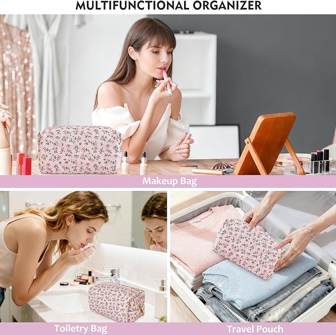 STARDW Cute Quilted Floral Makeup Bag for Women, Large Capacity Travel Toiletry Bag with Zipper and Canvas Lining