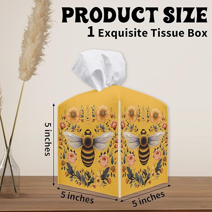 Floral Bee Square Tissue Box Holder Cover, Tissue Cube Box Organizer for Bathroom, Living Room, Office, Countertop, Car, Night Stands, Modern Home Desk Tabletop Decor - A03