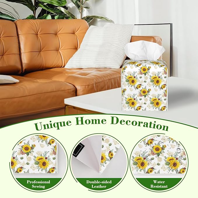 Sunflower Bouquets and Butterflies Tissue Box Cover Square Leather Tissue Holder Waterproof Facial Paper Organizer Dispenser Cube Paper Cover Case for Home Office Bathroom Vanity Countertop