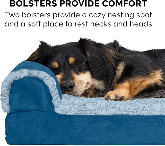 FurHaven Orthopedic Dog Bed for Large Dogs, L-Shaped Chaise Sofa with Orthopedic Egg Crate with a Solid Orthopedic Foam Base for Joint Support, Washable Cover, Jumbo XL, Faux Fur & Suede, Marine Blue