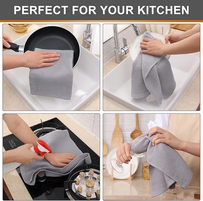 Kitinjoy 100% Cotton Waffle Weave Kitchen Towels, 8-Pack Super Soft and Absorbent Dish Towels for Drying Dishes, Kitchen Hand Towels, 13 in x 28 in, Light Grey