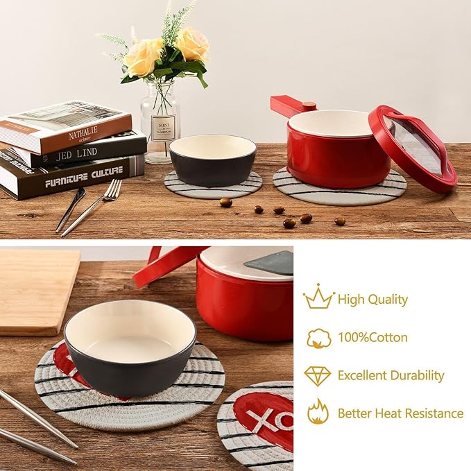 Heart XOXO Striped Love Trivet Mat 2PCS Round Woven Potholders Kitchen Table Countertop Protector Hot Pads Farmho