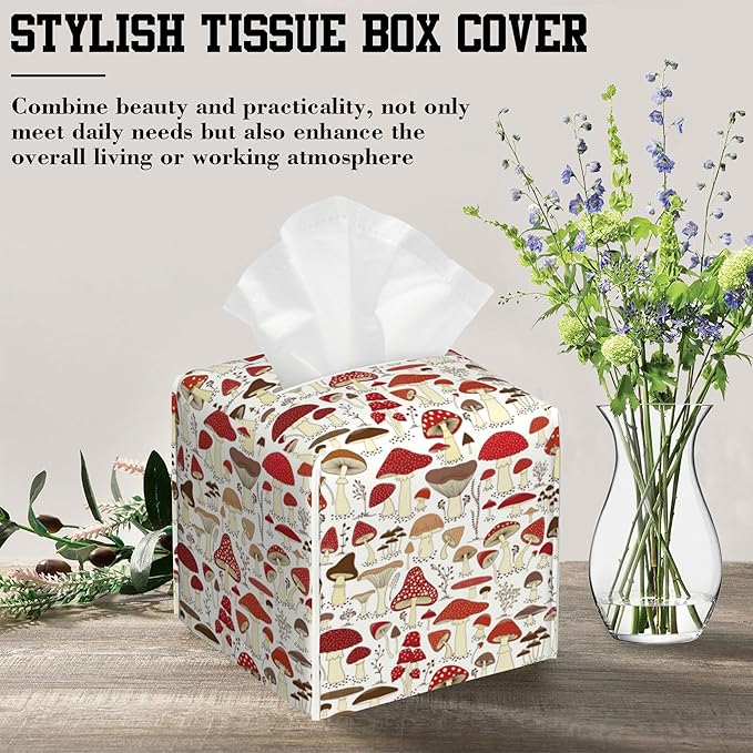 OHEGBXE Tissue Box Holder Cartoon Mushrooms and Field Plants Square Leather Tissue Box Cover Modern Cube Facial Paper Cover Case for Bathroom Vanity Countertop Night Stands Tabletop
