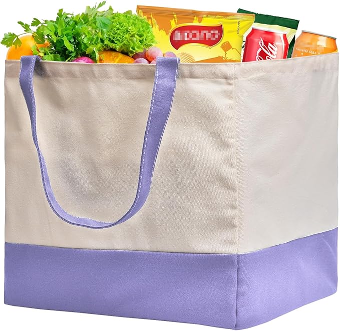 CNaiyunpin Reusable Grocery Bags Heavy Duty, 8.3 gal Foldable Large Canvas Tote Bag with Handles, Holds 60 lbs Canvas Shopping Bags, 1 Pack（Off White+Light purple）