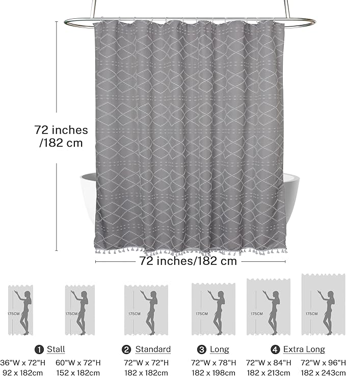 Siiluminisoy Boho Grey Textured Shower Curtain with Tassels 72 x 72 Tufted Chevron Striped Chenille Woven Fabric Cloth Shower Curtain Modern Farmhouse Minimalist, Shabby Chic Home Decor for Bathroom