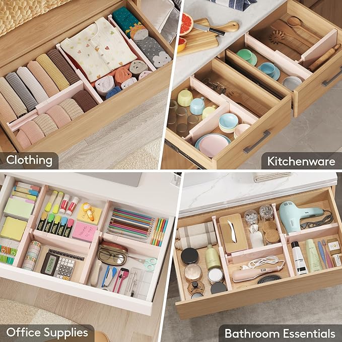 Lifewit 8 Pack Drawer Dividers 4" High, 11-17" Adjustable Dresser Drawer Organizers for Clothes, Expandable Dresser Separators in Bedroom/Bathroom/Kitchen/Vanity/Office Organization and Storage, Pink