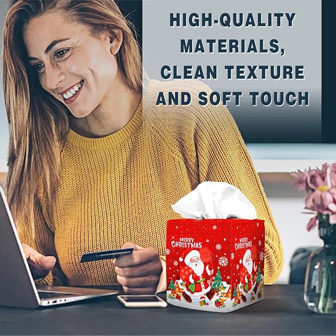 Tissue Box Cover Square Decorative Tissue Box Holder Cute Funny Cube Tissue Case Cover-Xmas Decor Christmas Santa Claus Tissue Box Cover