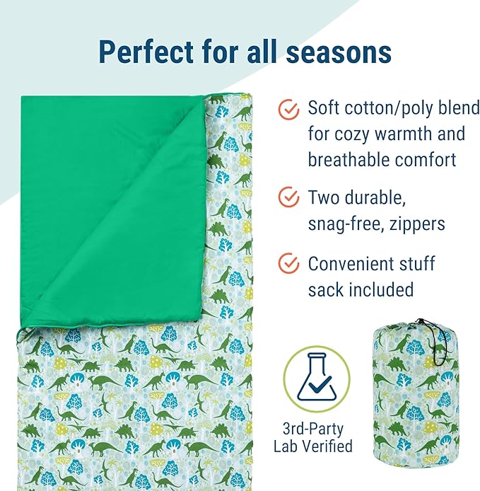 Wildkin Kids Sleeping Bag – Roll-Up Design with Storage Bag for School, Travel & Camping - Dinomite Dinosaurs
