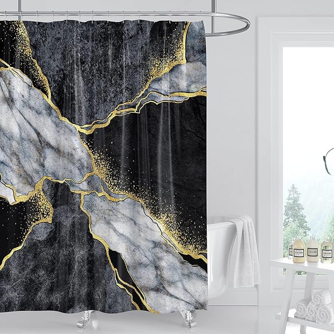 Domoku Marble Waterproof Shower Curtain with Hooks, Machine Washable Easy-Care Fabric Bathroom Curtain for Tub or Shower (Black, 72" W x84 L)