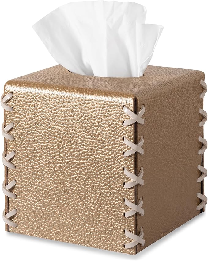 Tissue Box Cover PU Leather Tissue Holder Square Decorative Home Decor Cube Boxes for Bathroom, Kitchen, Nightstand, Office Desk Essentials, Gold