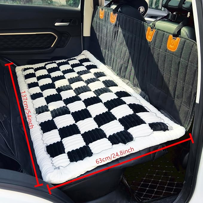 AEEISHOMEREFORM Backseat Pet Bed Mat, Truck Plaid Dog Bed for Car Back Seat, Deluxe Dog Seat Covers, Non-Slip Travel Pet Mat, Fit for Backseat Extenders and Trucks SUVs (Black&White, 24.8x54 inch)