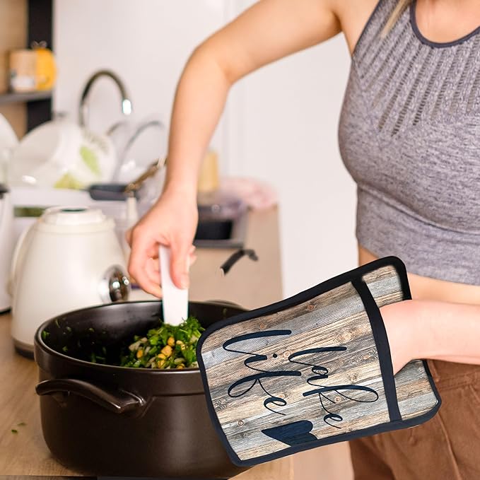 Lake Life Gifts Pot Holders with Pockets, Lake Life House Gifts for Cabin Owners Women Oven Pot Holders Heat Resistant Oven Mitts Hot Pads for Kitchen Baking Cooking