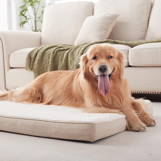WATANIYA PET Memory Foam Large Dog Bed, Cooling Dog Beds for Large Dogs, Washable Orthopedic Pet Bed for Crate with Joint Relief Memory Foam, Waterproof Liner and Plush Cover (35"x 22", Beige)