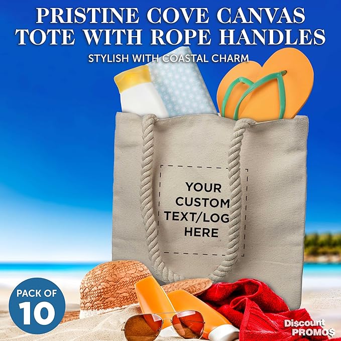 DISCOUNT PROMOS Custom Pristine Cove Canvas Tote with Rope Handles (Set of 10), Personalized Bulk Pack - Beach, Travel, Eco-Friendly - Natural Color, 14.75"X13.5", 12 OZ Cotton, with Zipper