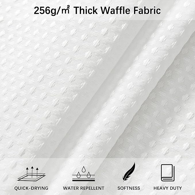 PANGSINNE Waterproof Fabric Shower Curtain, Extra Long White Waffle Simple Neutral Weighted Shower Curtains for Bathroom, 256GSM Modern Ivory Thick with 12 Hooks, 72Wx96H