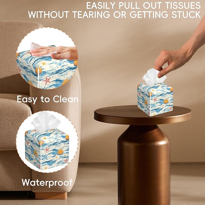 Tissue Box Cover Leather Tissue Box Holder Cube Tissue Case Cover Facial Paper Organizer Dispenser for Bathroom, Vanity Countertop, Office Desk (Watercolor Seashell and Starfish)