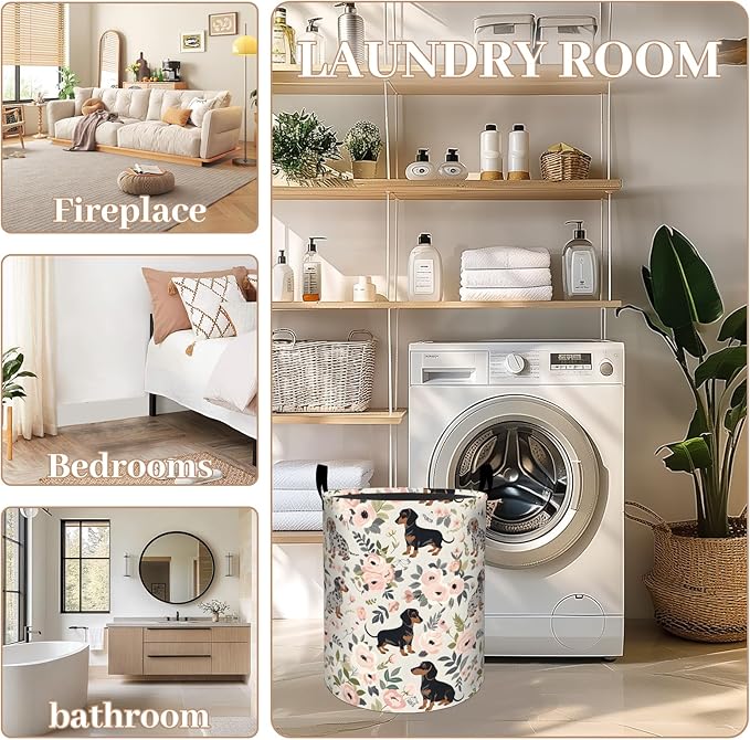 ainori Floral Dachshund Dog Laundry Basket, Oxford Cloth Playful Dirty Clothes Collapsible Hamper for Room Decor, Flower and Puppy Print Gifts Toy Organizer 19.7 * 15.8 Inch for Bedroom Bathroom Dorm