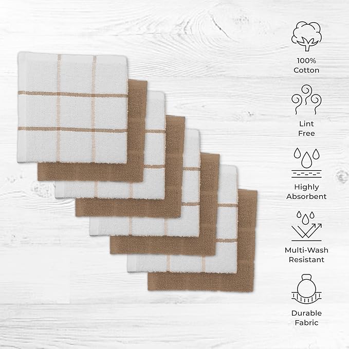 Mellow Buff 100% Cotton Terry Dish Cloth & Dish Towel, 6 Pack, Super Soft and Absorbent Kitchen Towels, Perfect for Kitchen Cleaning and Dish Washing (TAN (Solid and Checks) 8 Pack)