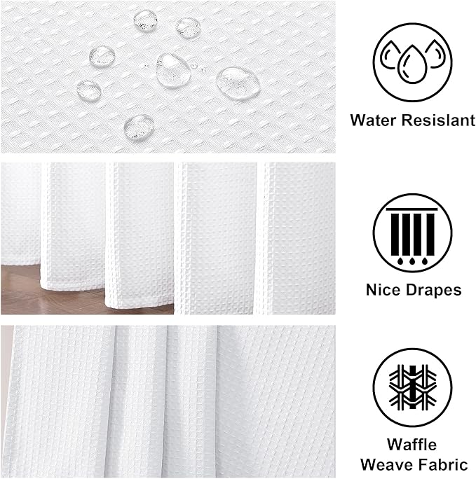 OWENIE White Waffle Weave Fabric Shower Curtain, Textured Heavy Cloth Shower Curtains for Bathroom, Water Repellent Soft Hotel Spa Luxury Elegant Bath Curtain, Machine Washable, White, 72x78 Inch