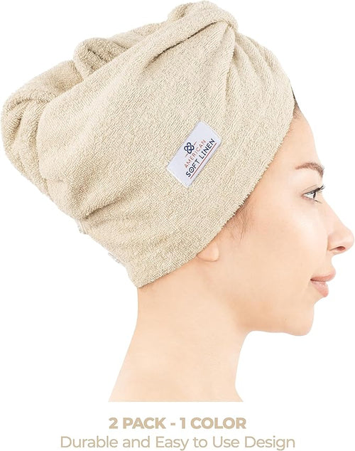 American Soft Linen 100% Cotton Hair Towels for Women, Head Towel Cap, Cotton Hair Turban Towel Wrap for Long Curly Anti Frizz Hair, Soft and Absorbent Cotton Hair Towels 2 Pack, Beige