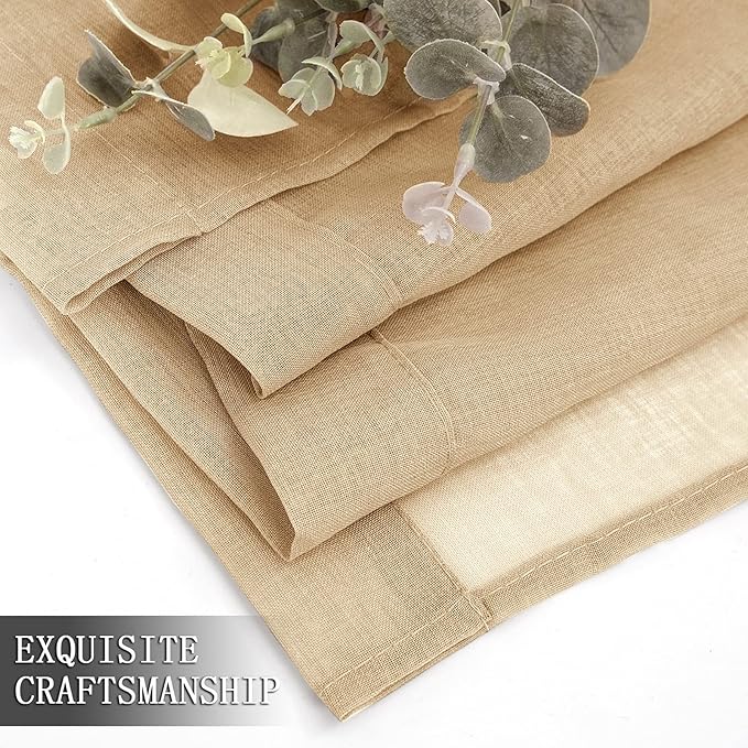 Tollpiz Sheer Tier Curtains Kitchen Linen Textured Half Curtain Sheers Light Filtering Rod Pocket Voile Bathroom Short Curtains for Farmhouse, 25 x 30 inches Long, Beige, Set of 2 Panels