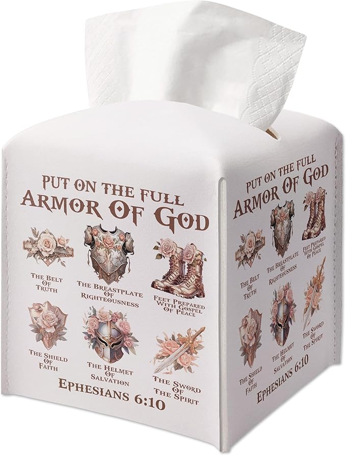 Christian Decorative Tissue Box Cover Square, Floral Napkin Tissue Box Holder, Bible Verse Inspirational Gift Ideas for Friends, Armor of God, Bathroom Office Desk Decor-(5.2 Inches)