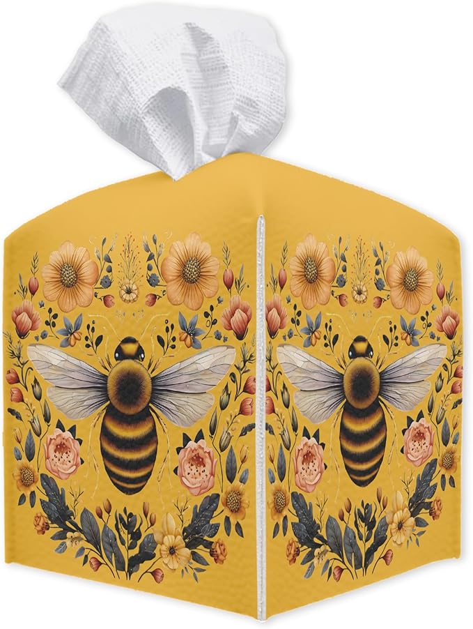 Floral Bee Square Tissue Box Holder Cover, Tissue Cube Box Organizer for Bathroom, Living Room, Office, Countertop, Car, Night Stands, Modern Home Desk Tabletop Decor - A03